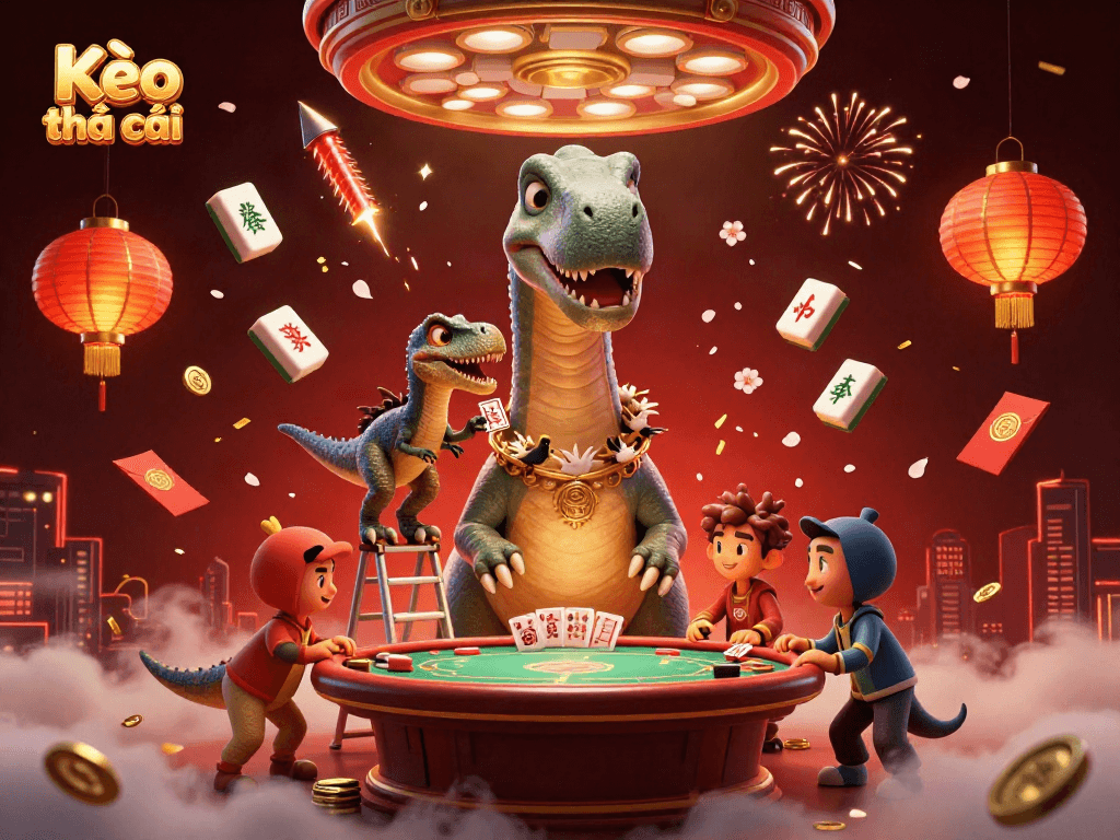 Kèo nhà cái showcases a vibrant 3D scene with a giant brontosaurus overseeing a poker game as a raptor deals cards.