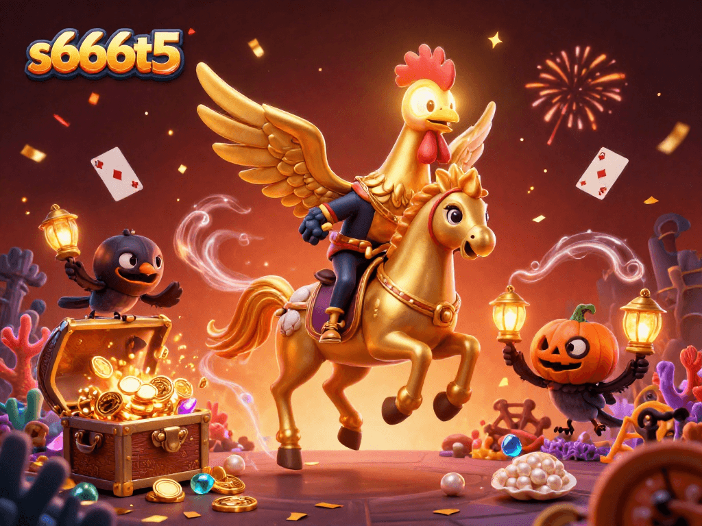 Experience thrilling action at s666t5 with a vibrant casino scene featuring a golden rooster and treasure elements.