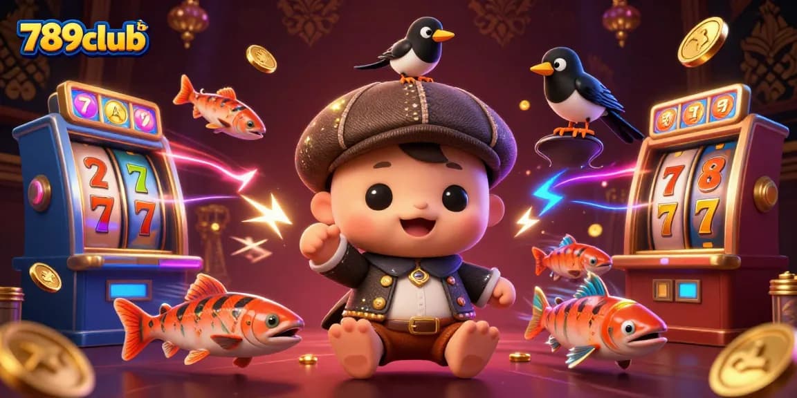 Engage in thrilling action with 789club tải, showcasing vibrant slot machines and adorable characters.
