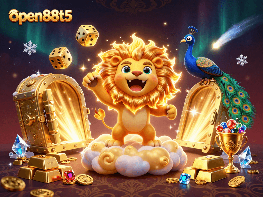 Experience the excitement of open88t5 with a 3D illustration showcasing vibrant casino elements and characters.