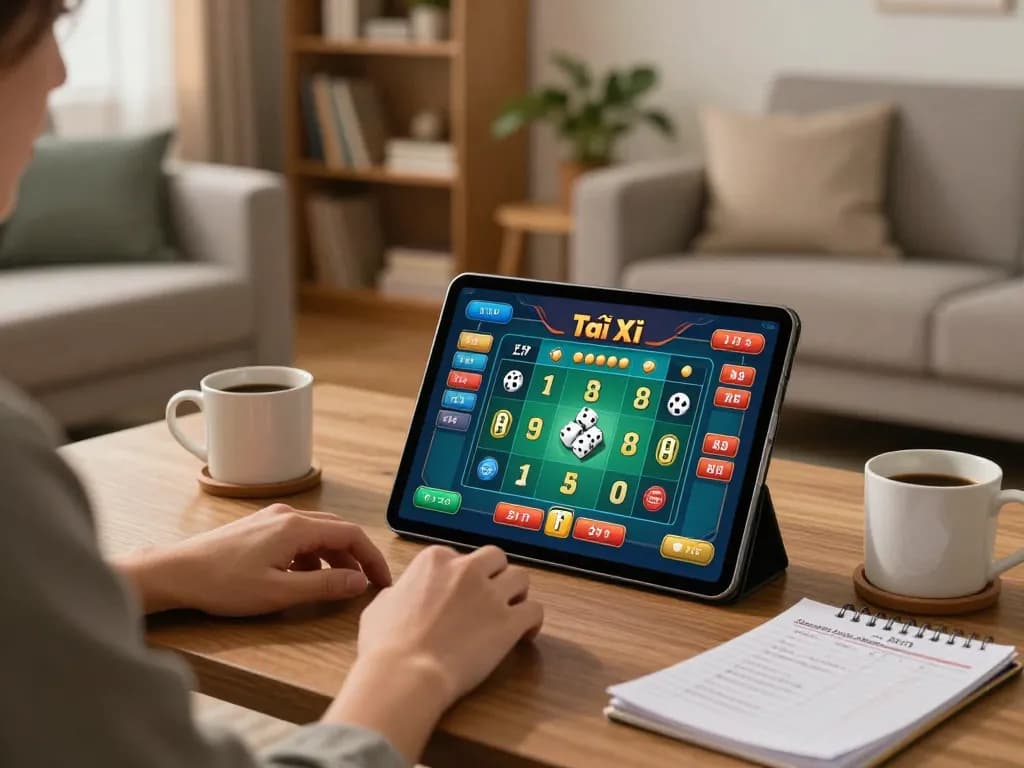 Engaging in Tài Xỉu online via tablet in a cozy living room setting, showcasing responsible gaming.