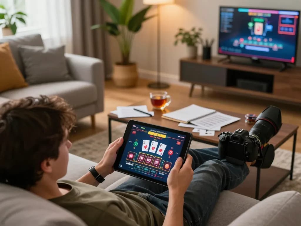 S8 player enjoying an online blackjack game on a tablet in a cozy living room