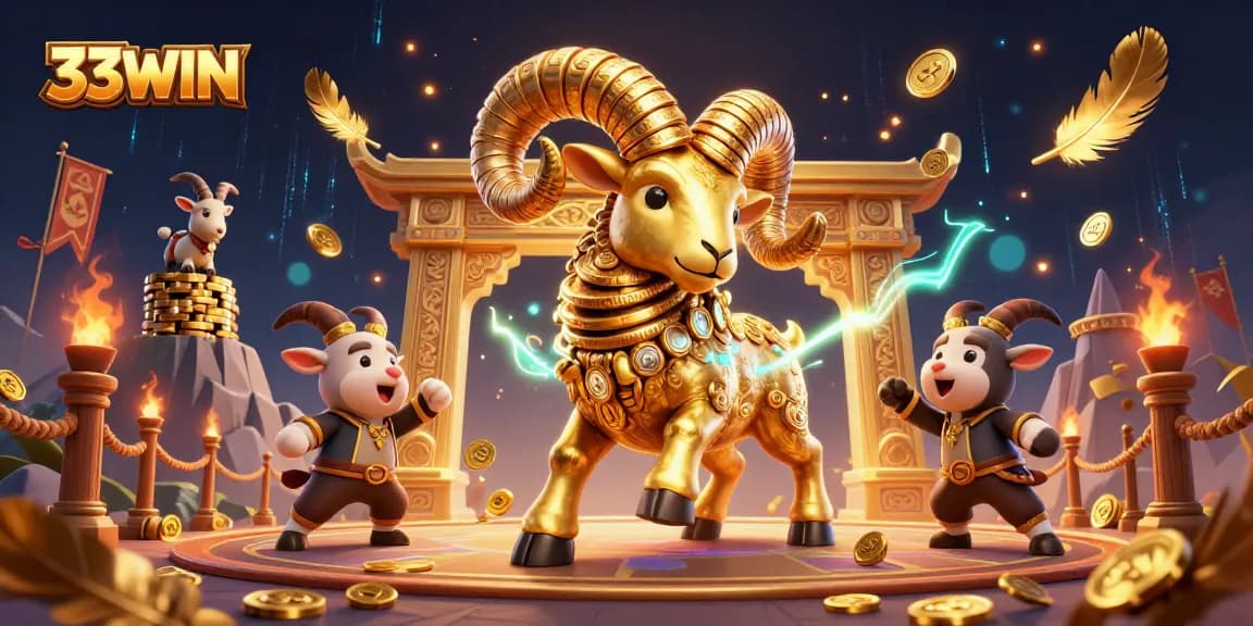 Exciting gamble at 33WIN as a golden ram charges through a dynamic casino scene filled with treasures.