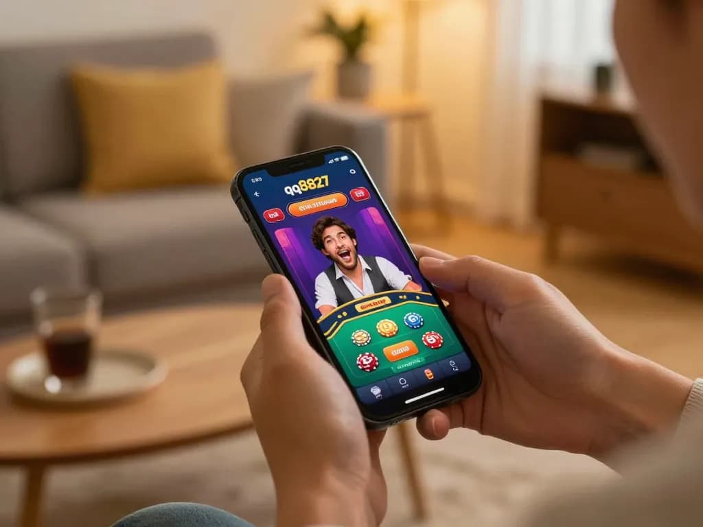 Engaging in online gambling with qq8827 app on a smartphone in a cozy home setting