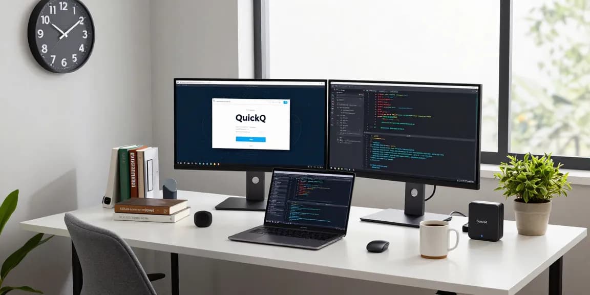 使用quickq电脑版的现代工作区，开发者专注编程，电脑显示VPN应用界面，优雅高效的办公室气氛。