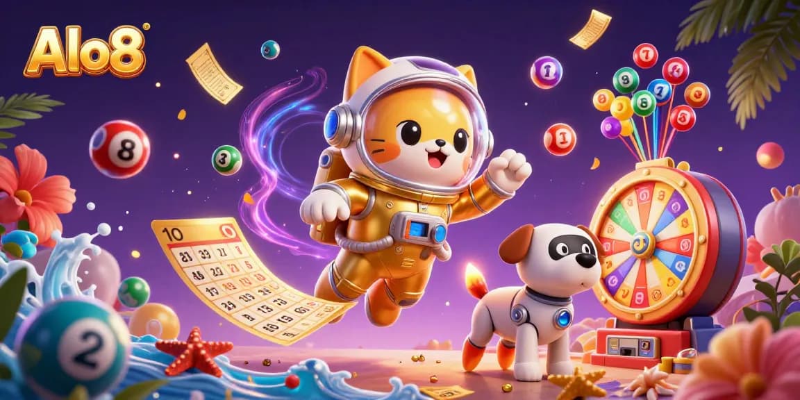 Alo8 delivers a vibrant and dynamic casino space scene with floating characters and exciting gaming elements.