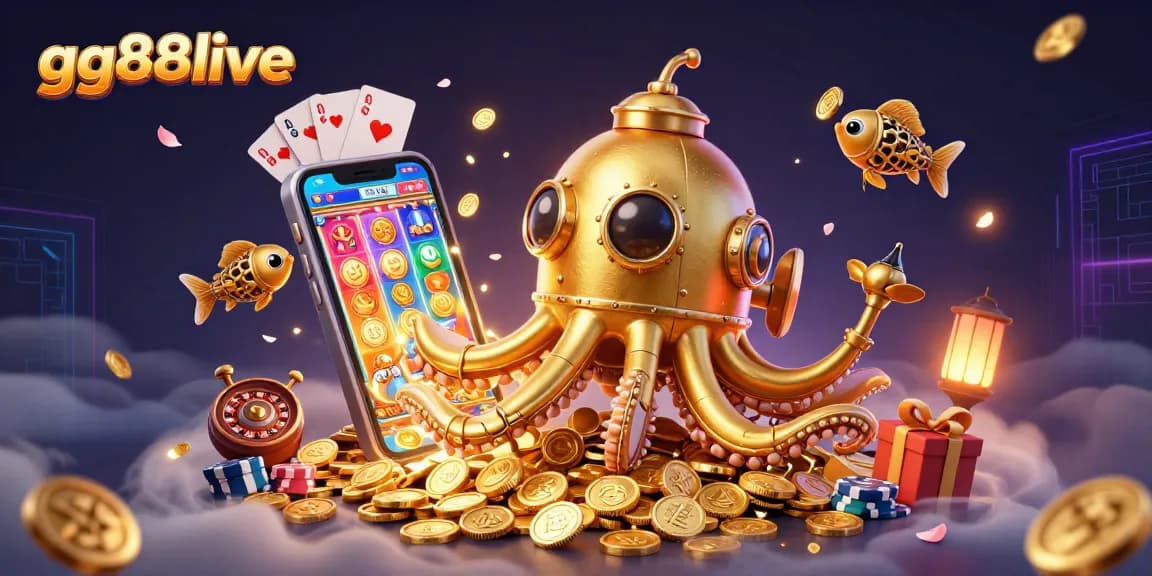 Engage with exciting games at gg88live, showcasing an ultra-detailed 3D kraken submarine and dynamic casino elements.