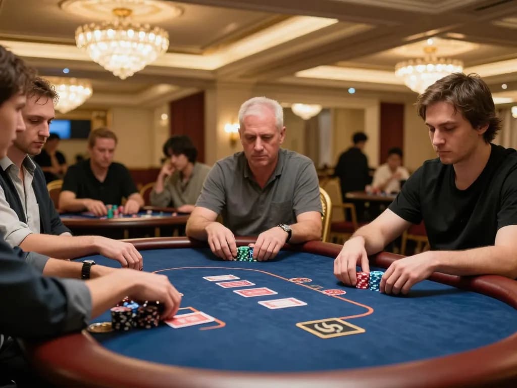 O8 players strategizing and placing bets at a high-stakes poker table in a luxurious casino room