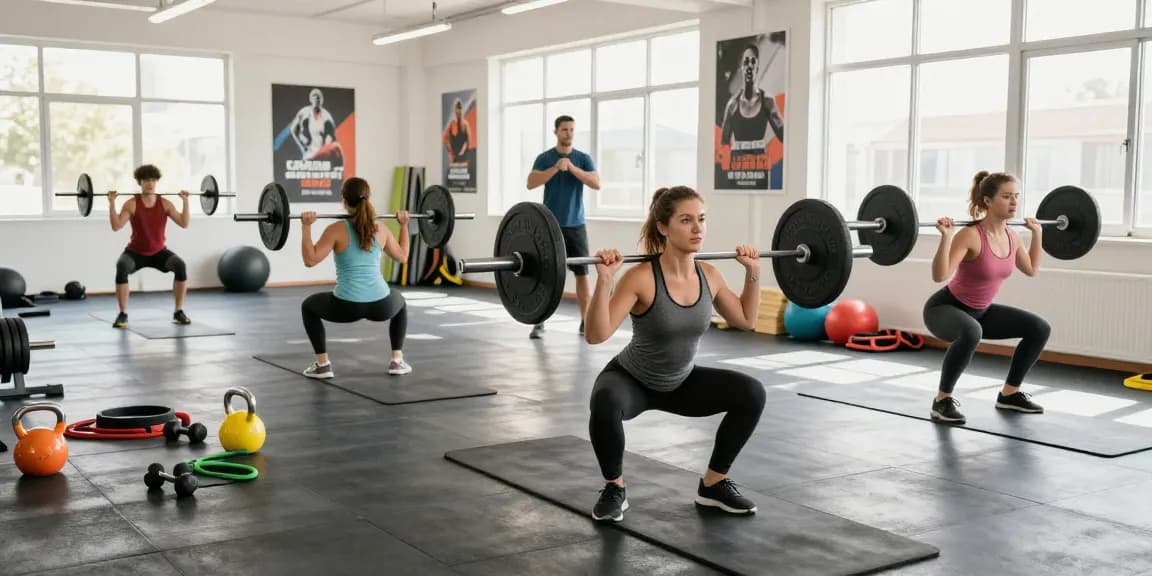 Entrenamiento intensivo en Esteroidesshop con personas haciendo ejercicio en gimnasio luminoso.