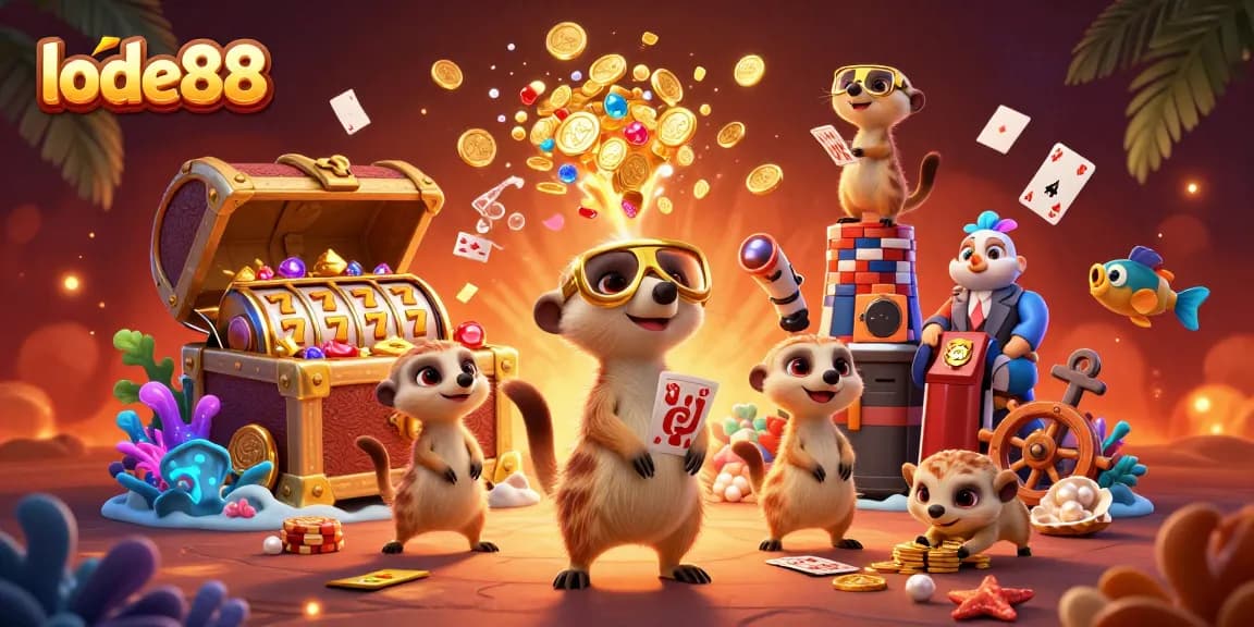 Experience the excitement of lode88 with meerkats in a dynamic casino scene featuring slot reels and gold coins.