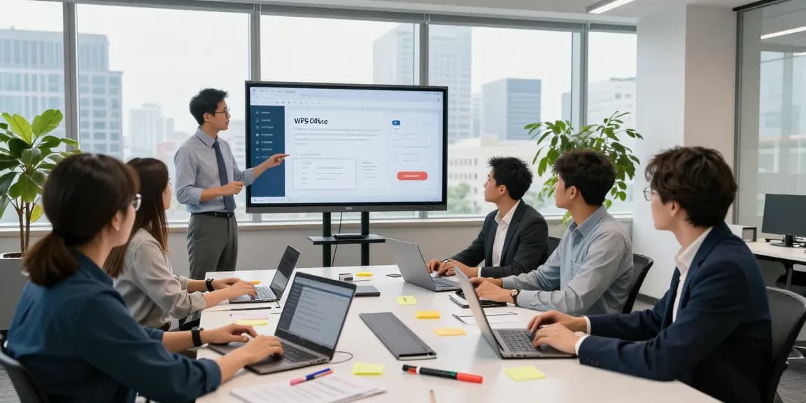Team collaborating on WPS Official Website features in a modern office setting