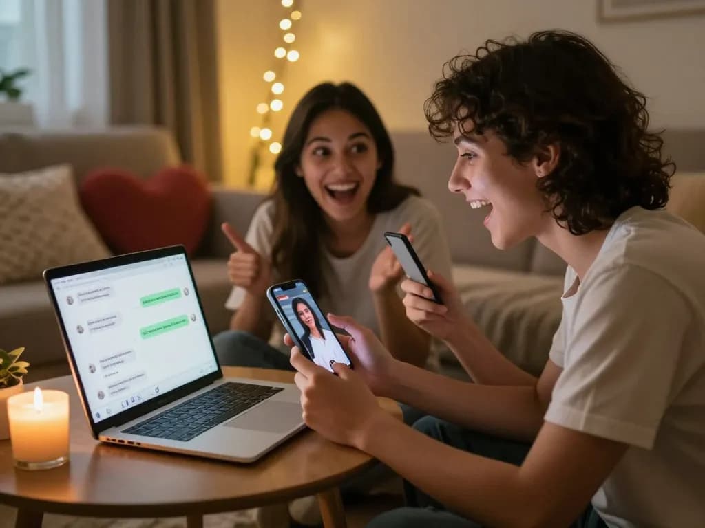 Couple enjoying an engaging ai porn chat in a cozy living room setting with devices and warm ambiance.
