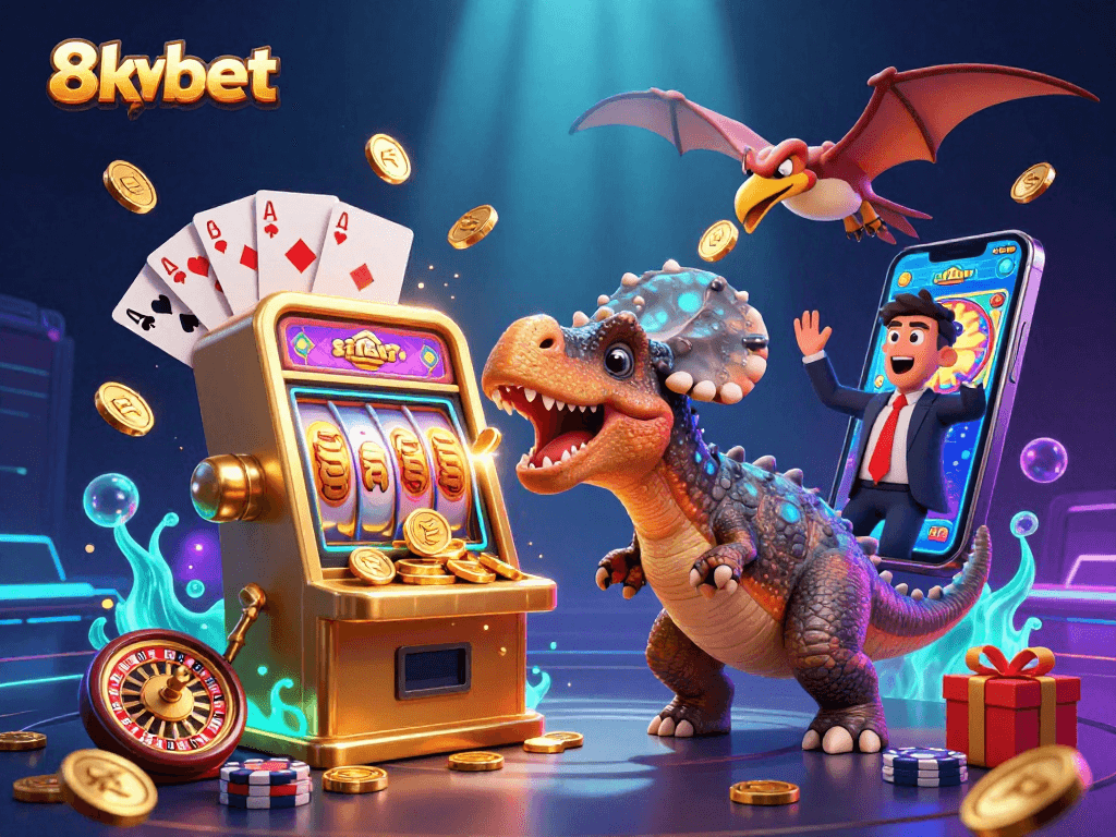 Engaging 3D scene depicting 8xbet casino excitement with vibrant characters and playful gaming elements.
