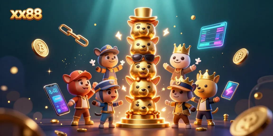 Win big with xx88 in this vibrant, lively casino scene, featuring animated characters and crypto elements.