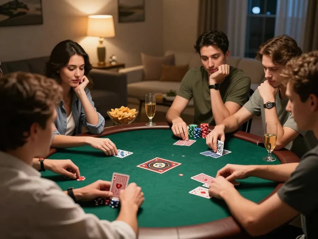 Group enjoying a friendly poker night, strategizing bets and studying the keo nha cai hom nay.