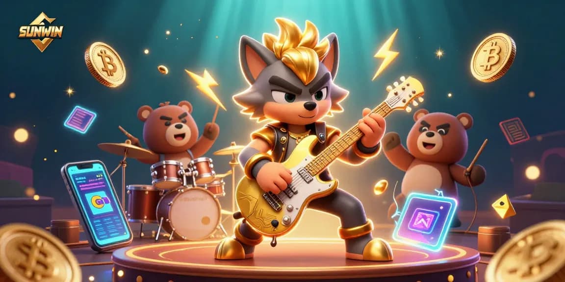SUNWIN's thrilling casino stage with rock star wolf and animated bear, highlighting vibrant gaming action