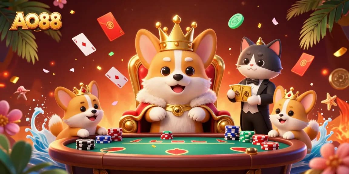 Experience the excitement of AO88 with a royal corgi and poker-themed elements in a vibrant 3D scene.