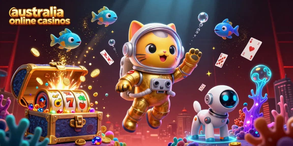 Engage with the charm of australia online casinos through a vibrant 3D space scene featuring an astronaut cat and dynamic gaming elements.