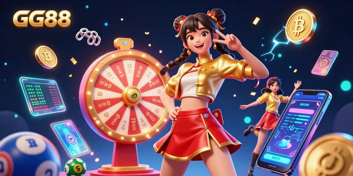 Win big at GG88 with an exciting 3D casino illustration showcasing vibrant game elements and bountiful prizes.