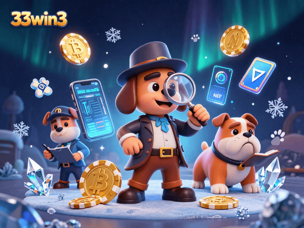 Engage with 33win3's thrilling mystery adventure featuring cartoon characters and crypto elements.