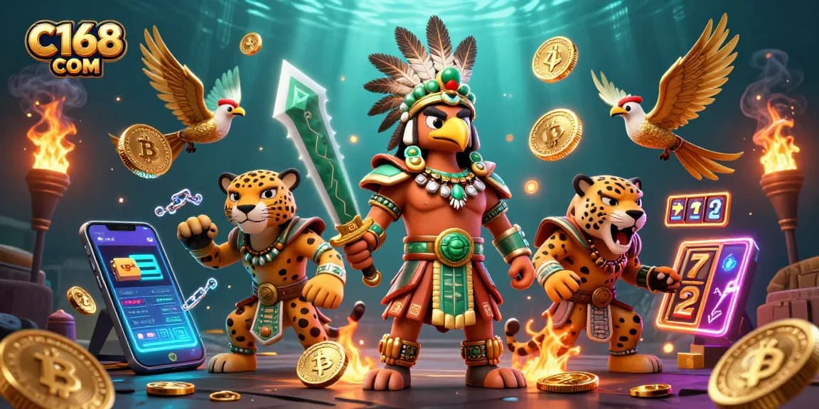 Engage with C168 COM at a vibrant casino scene featuring 3D Aztec warriors and cryptocurrencies.