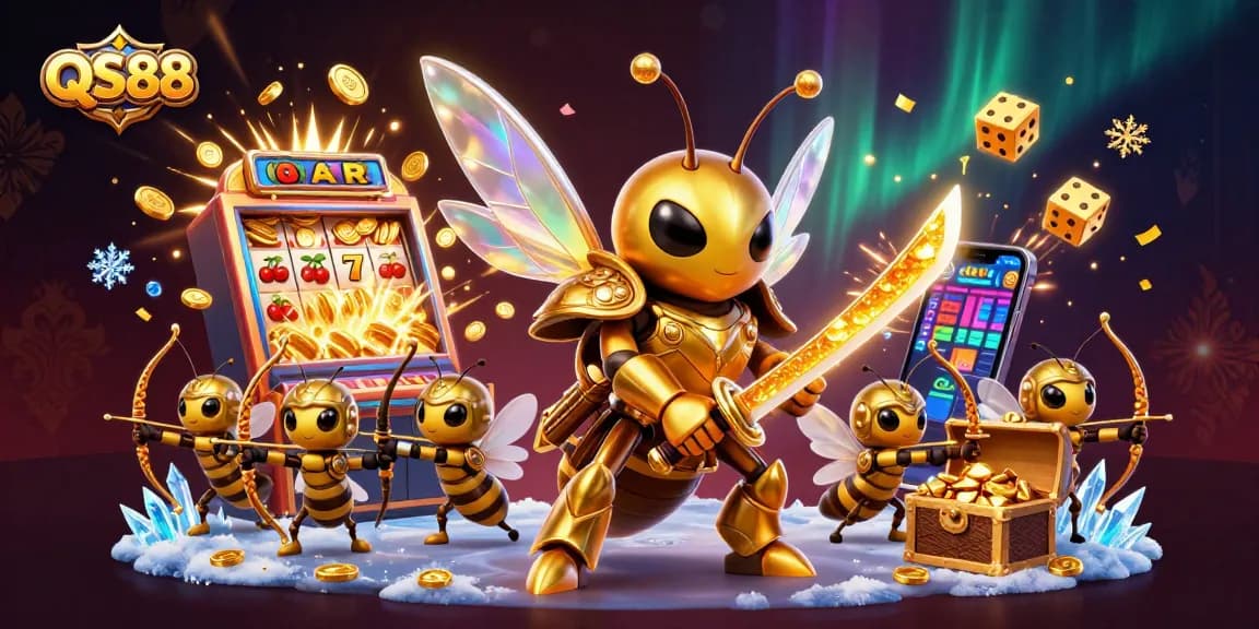 Experience thrilling slots and jackpots with QS88 in this dynamic casino-themed illustration.