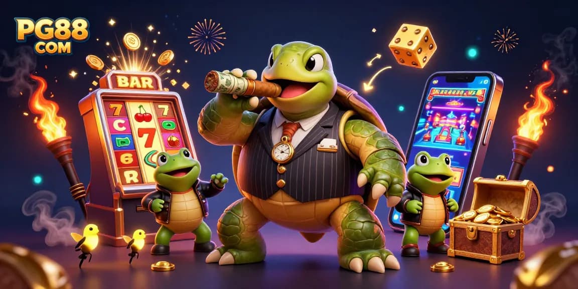 Experience thrilling gaming action at PG88 COM with a charismatic turtle mobster and vibrant casino elements.