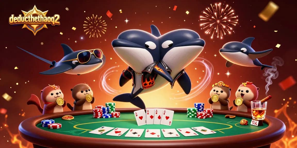 Engage with theducthethaoq2 through a vibrant casino scene featuring playful marine characters and intense gambling activities.