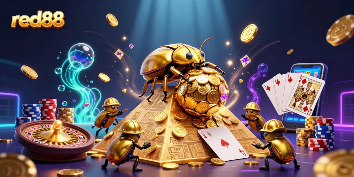 Experience the vibrant world of red88 with a golden beetle rolling coins among luxurious casino elements.