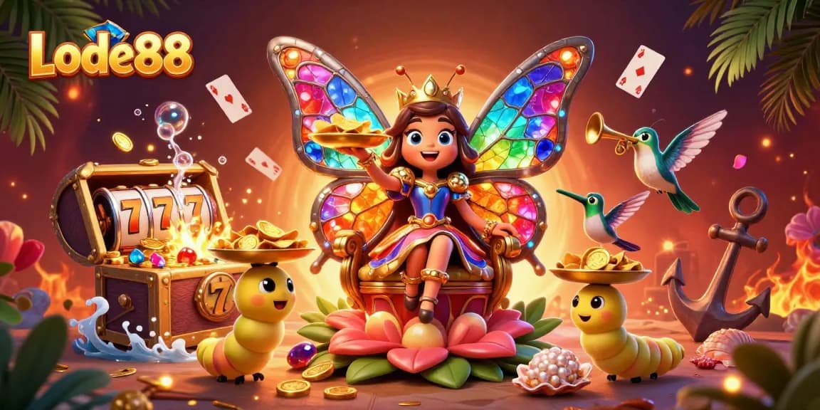 Experience the thrill of Lode88 slots with colorful characters and treasures in this vibrant scene.