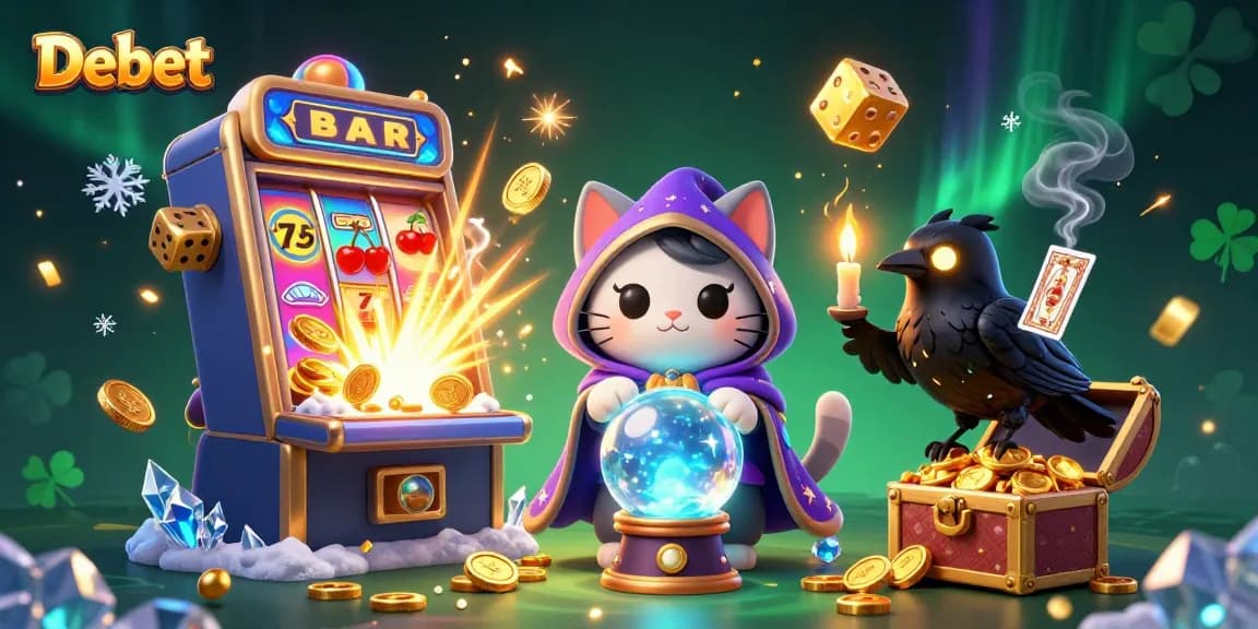 Spin the reels with Debet in a vibrant casino scene packed with mystical characters and vivid animations.