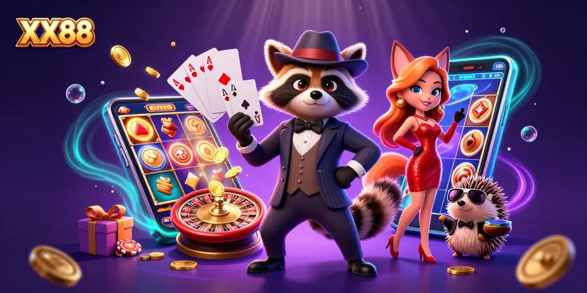 Experience the thrill of XX88 with a raccoon, fox, and hedgehog in a vibrant casino scene.