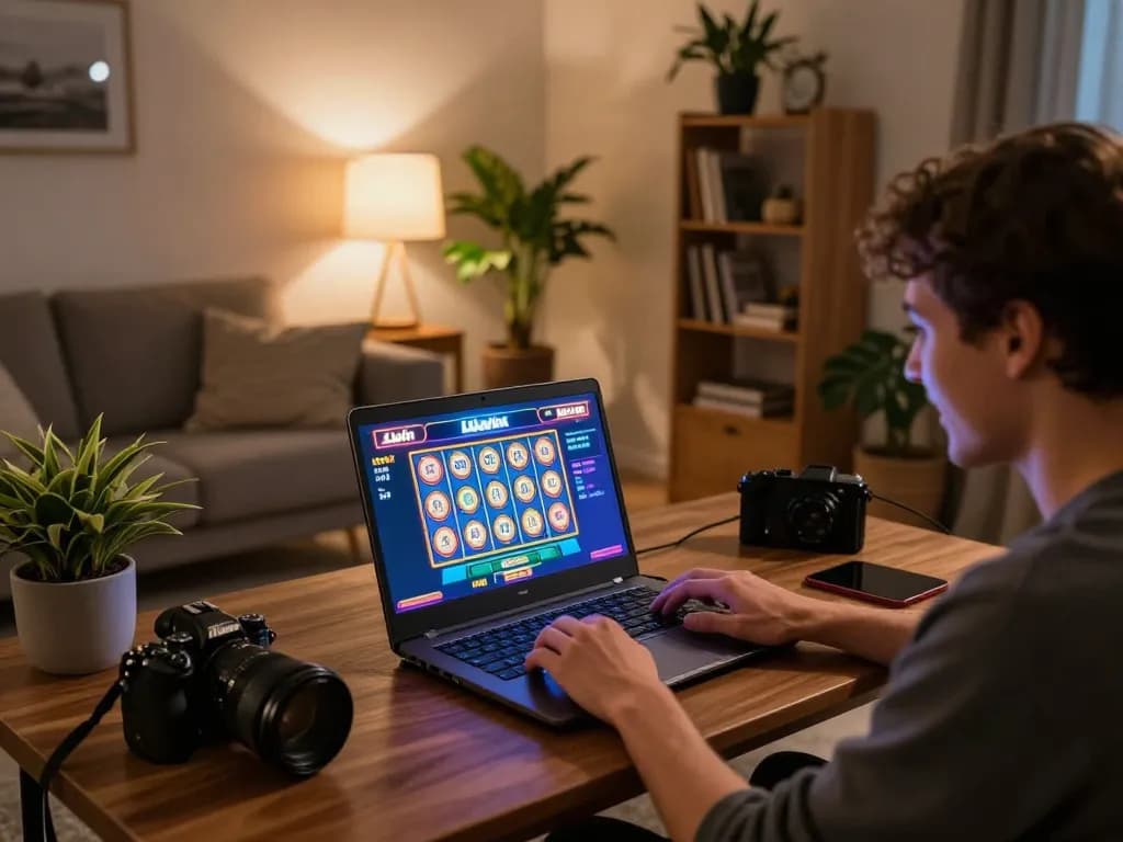 Person engaging in thrilling gameplay with LLwin ink slots on laptop in cozy home gaming setup.