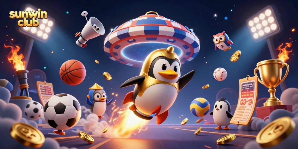 The golden penguin zooms towards the casino space station in the dynamic sunwin club universe filled with sports elements.