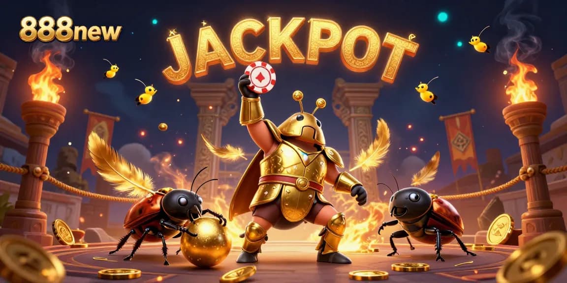 Experience the excitement of 888new with an epic casino battle scene featuring dynamic characters and jackpot elements.