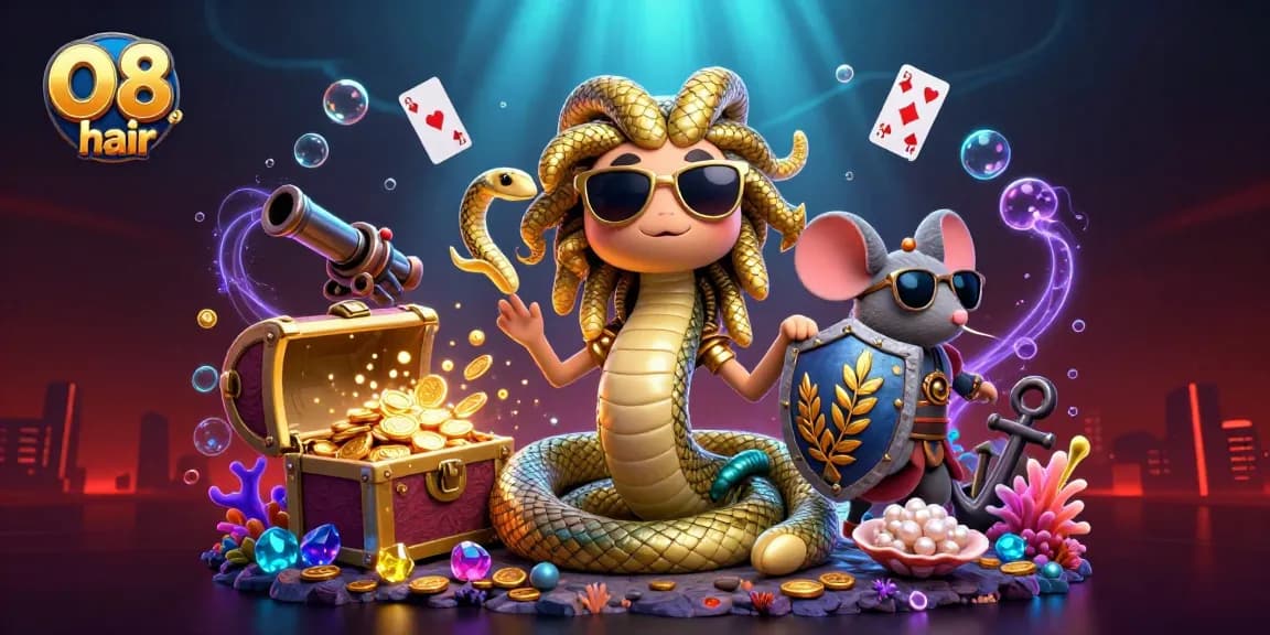 O8 hair showcases winning slots with Medusa and other characters celebrating victory in a vibrant casino scene.
