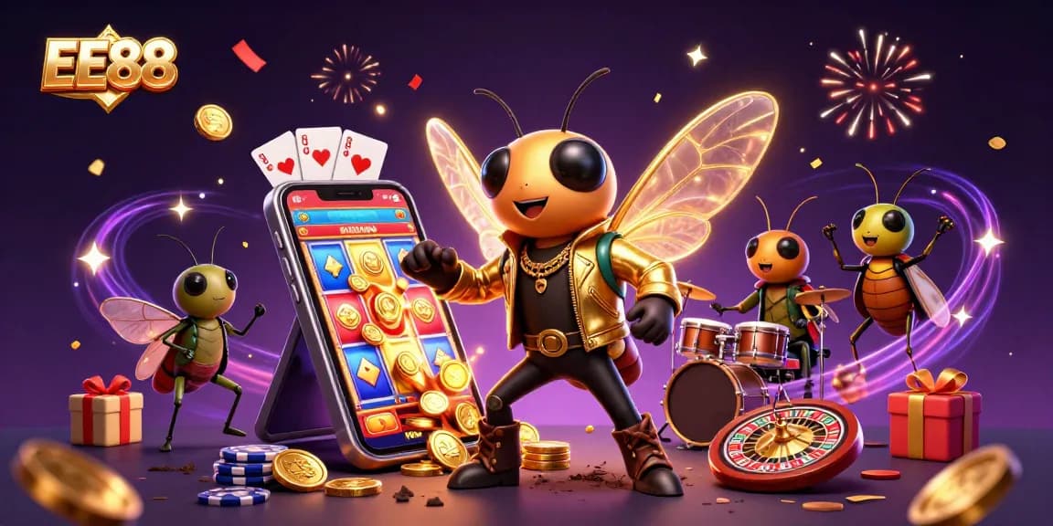 EE88 brings excitement with a lively 3D casino rock scene featuring energetic characters and gaming elements.