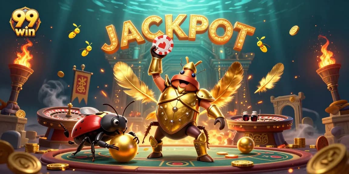 Join the 99 win adventure in a vibrant casino scene with golden acts and a defined jackpot.