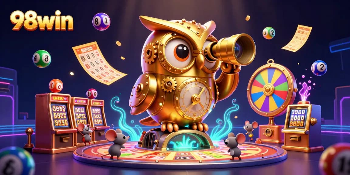 Experience 98win's thrilling casino atmosphere captured by a clockwork owl and mice in action.
