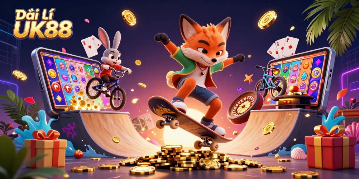Engage with Đại lý UK88 while enjoying lively casino-themed 3D illustration with gaming elements.