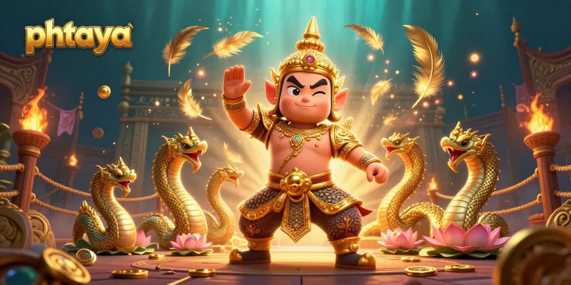 Phtaya showcases a vibrant 3D illustration of a Thai temple guardian with Naga serpents amidst gold coins in an exciting betting scene.