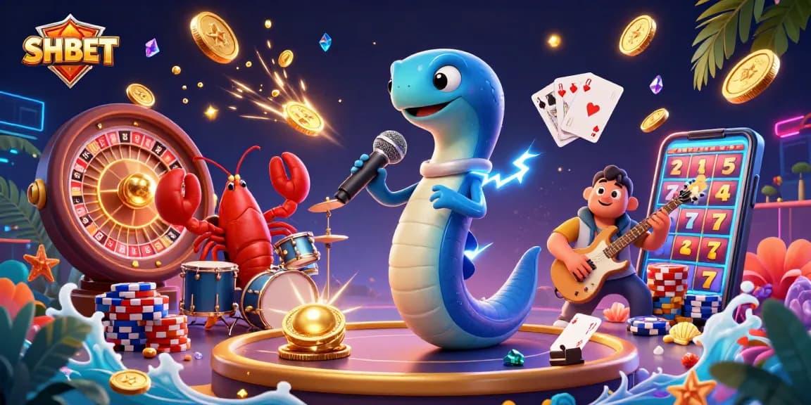SHBET offers a vibrant underwater casino scene with an electric eel DJ, lobster drummer, and seahorse guitarist, highlighting captivating gaming action.