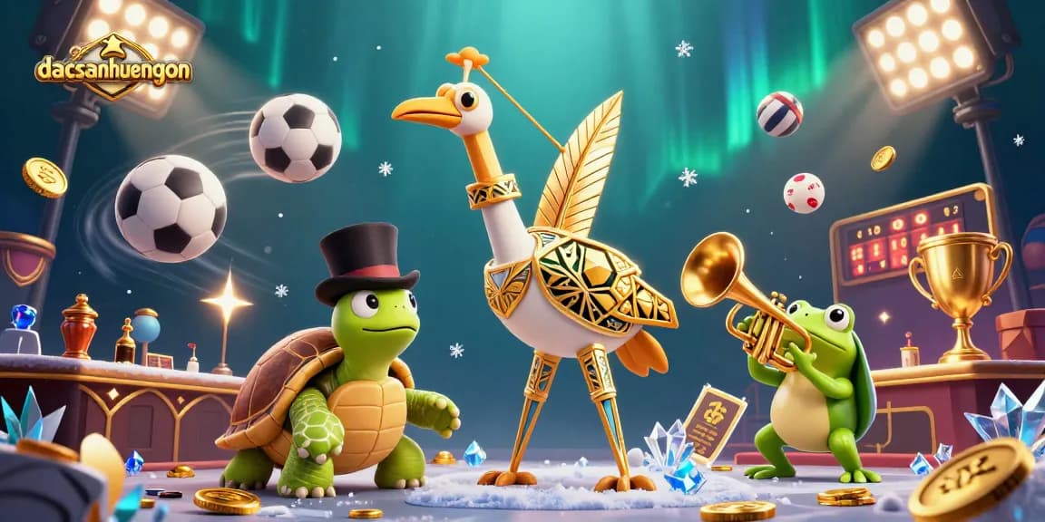 Win big at dacsanhuengon with vibrant casino characters in a lively scene featuring sports and gaming elements.