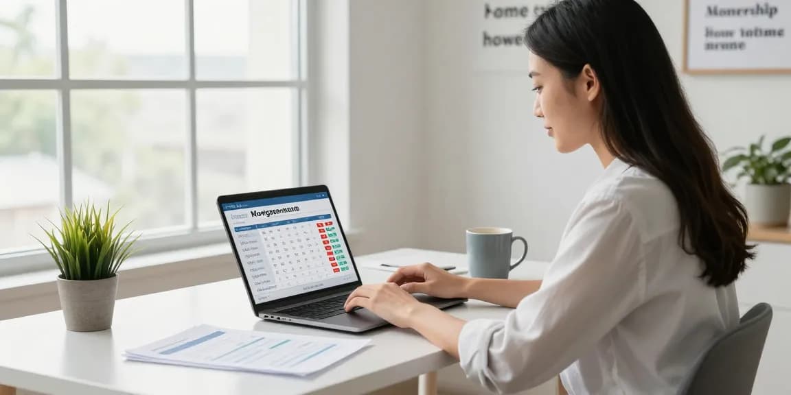 Youthful professional using a mortgage calculator in a bright home office, exploring options with a buscador hipotecas.