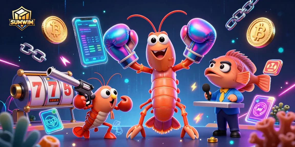 Engage with SUMWIM in this vibrant 3D casino scene featuring a mantis shrimp amidst digital gaming elements.