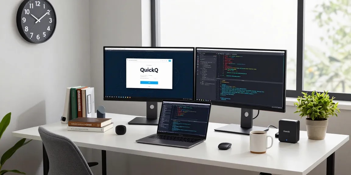 使用quickq电脑版的现代工作区，开发者专注编程，电脑显示VPN应用界面，优雅高效的办公室气氛。