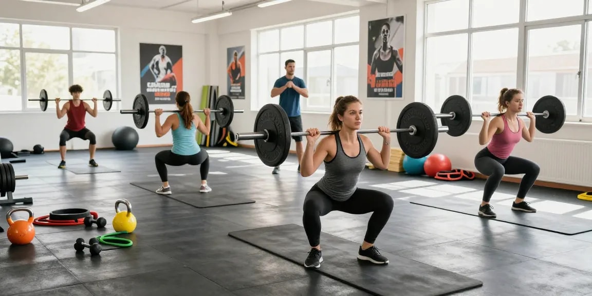 Entrenamiento intensivo en Esteroidesshop con personas haciendo ejercicio en gimnasio luminoso.