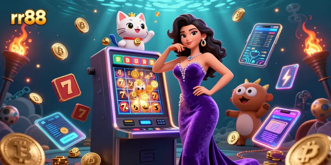 Spin the reels with rr88's jackpot excitement, showcasing vibrant 3D slots and a cheerful fortune cat.