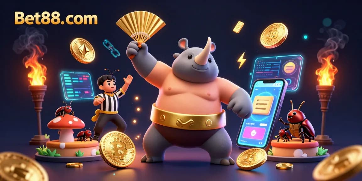Bet88. com showcases a dynamic 3D scene of a sumo beetle champion amidst coins, highlighting gaming excitement.