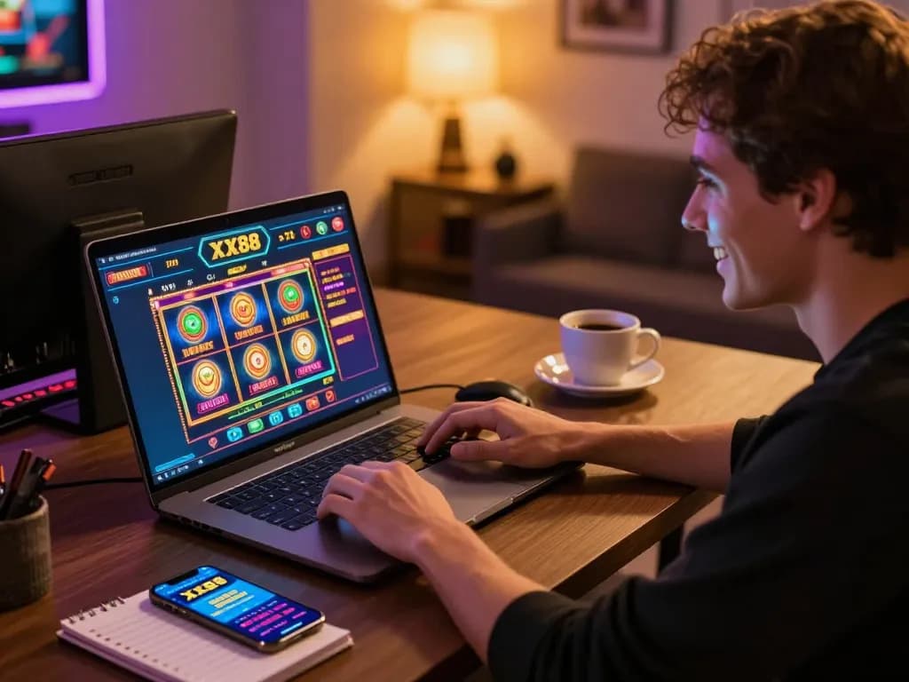 Player enjoying a dynamic slot game at XX88 online casino on laptop, engaging interface visible.